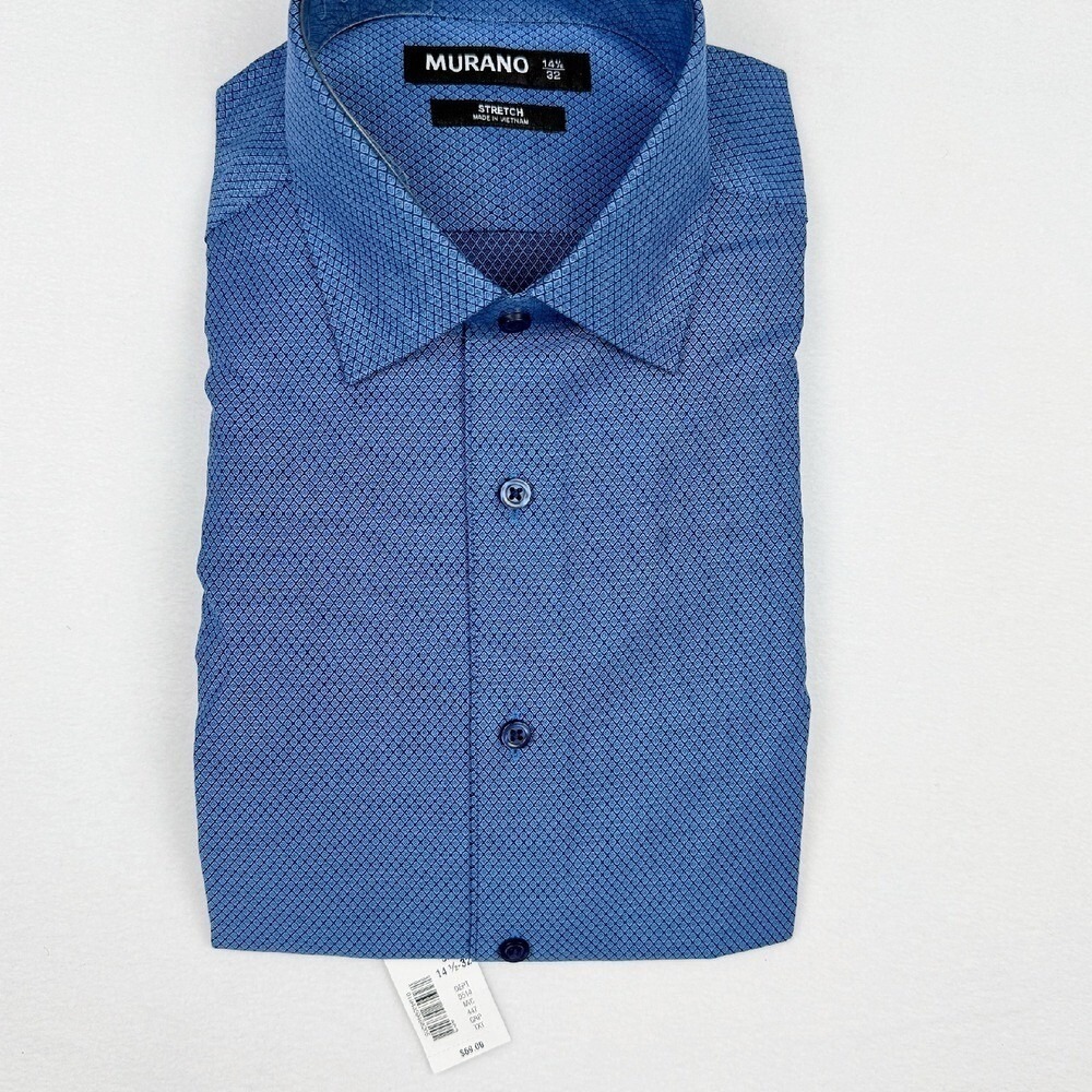 Murano Long Sleeve Diamond Pattern Shirt‎ 14-1/2, 32 Mens Blue Spread Collar NEW
